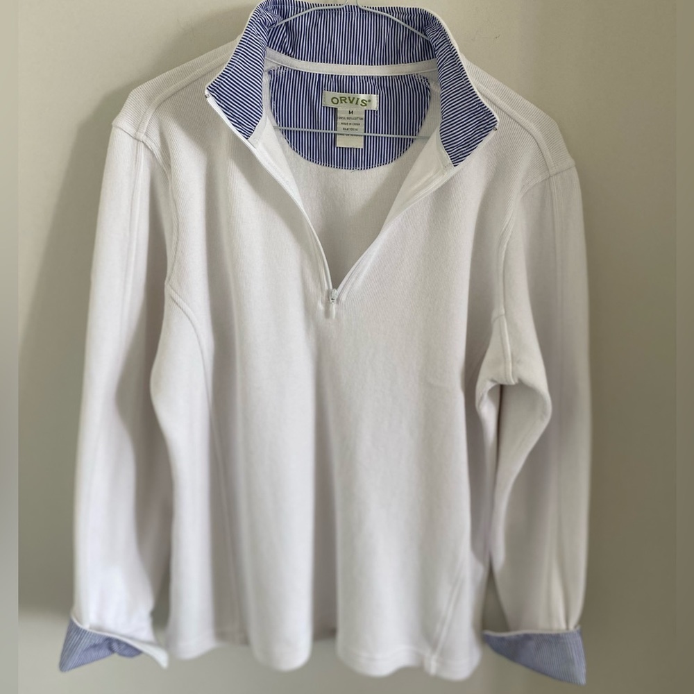 Orvis Pullover Top Sweatshirt Long Sleeves White w/ Striped Trim Cotton Sz M